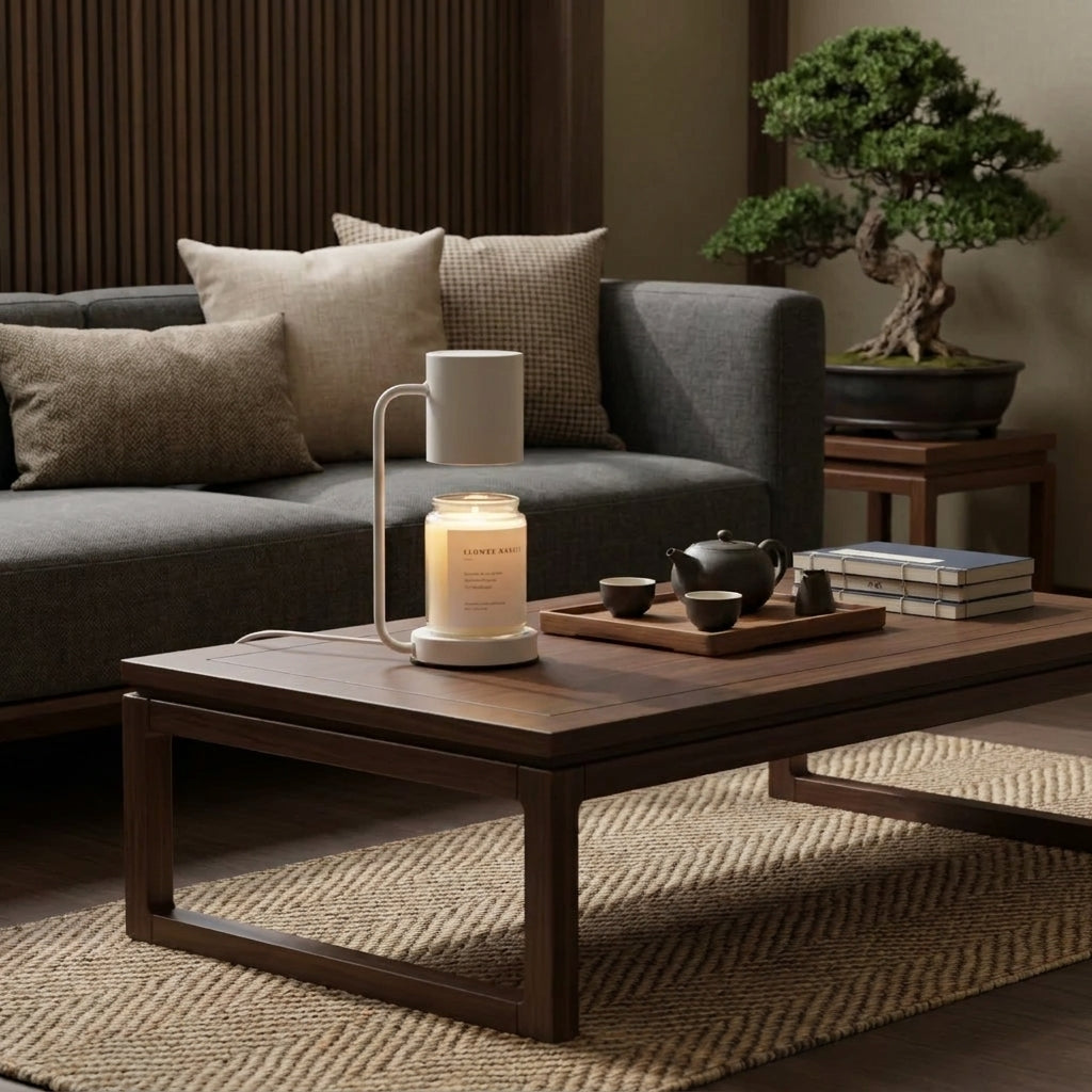 Jomzi white candle warmer lamp on a coffee table in a living room