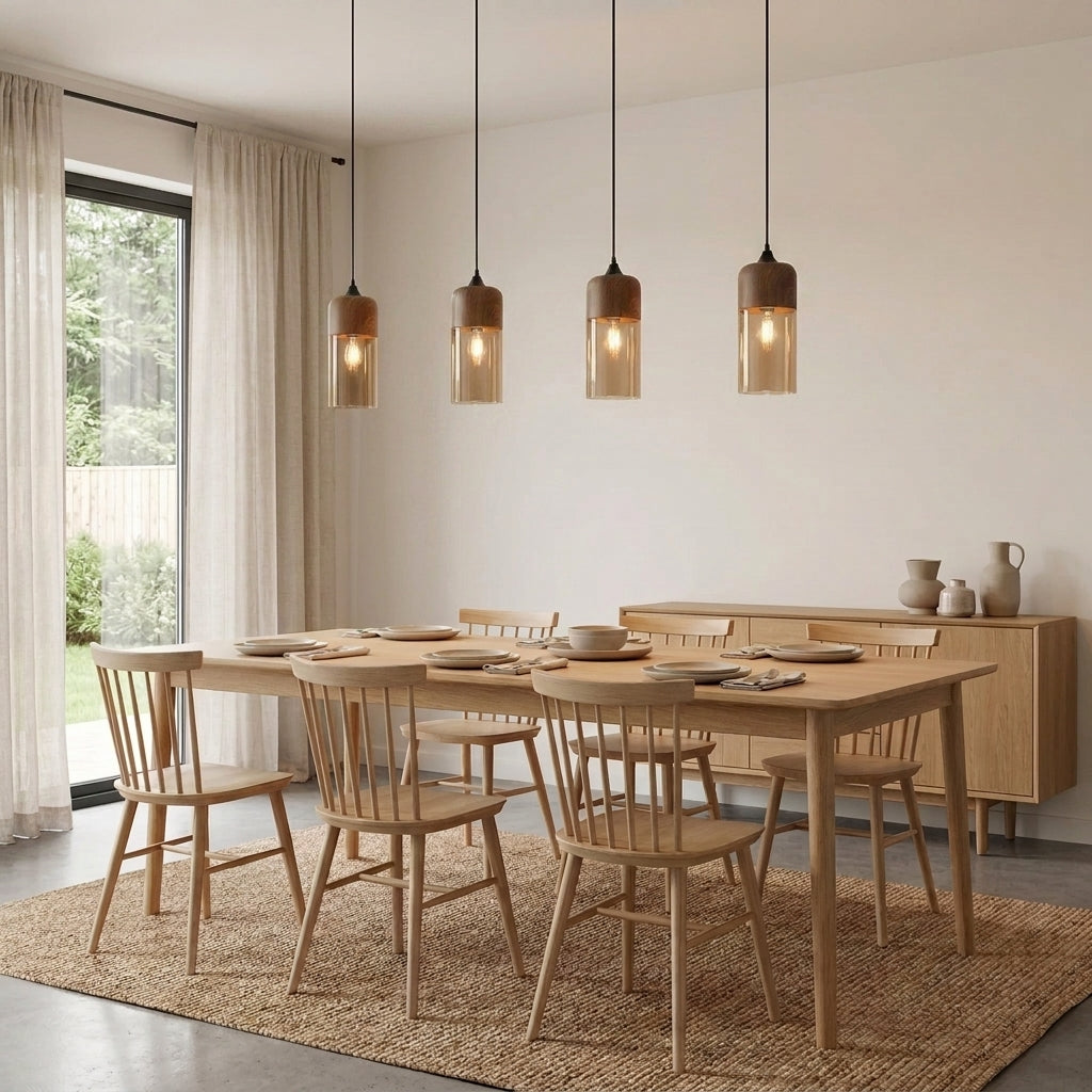 Jovli pendant lights hanging over a dining table