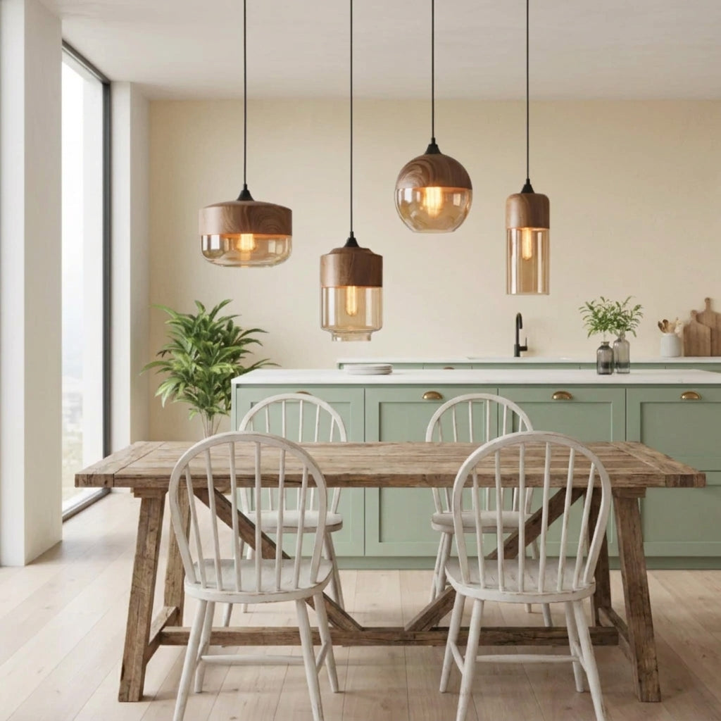 Three modern pendant lights with warm glowing amber glass shades and dark metal frames hang over a rustic wooden dining table with white spindle-back chairs in a bright, contemporary kitchen.
