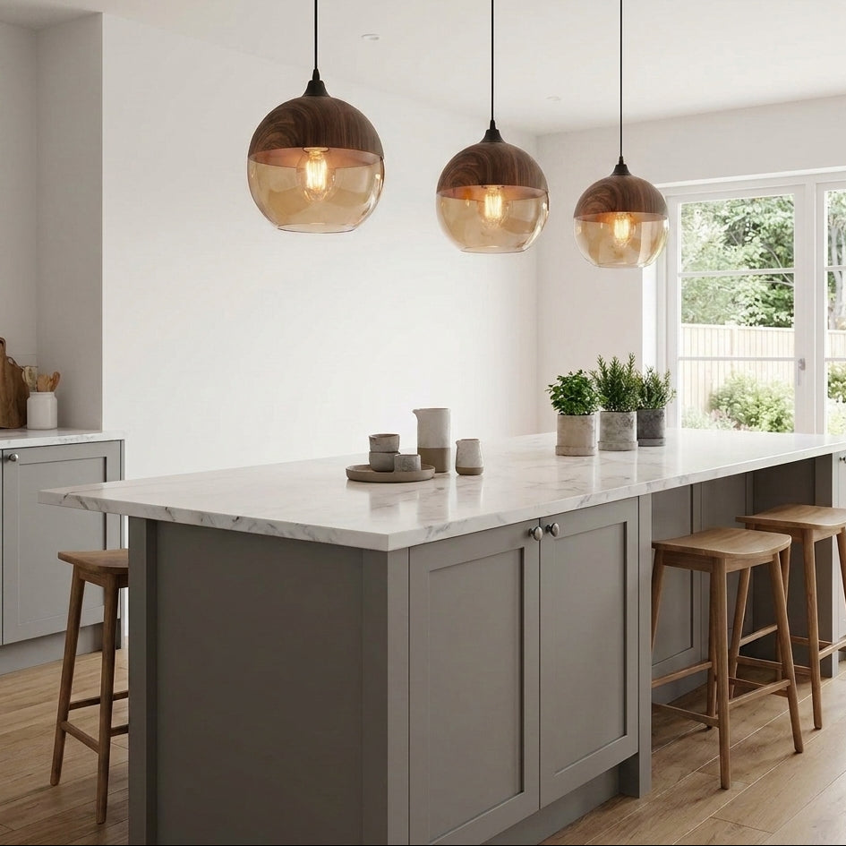Cluster of Jovli pendant lights hanging in a styled kitchen
