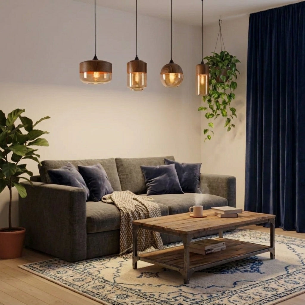 A modern living room scene featuring three pendant lights hanging above a grey fabric sofa with dark blue pillows. A rustic wooden coffee table sits on a patterned rug, with a potted green plant and dark blue curtains in the background.