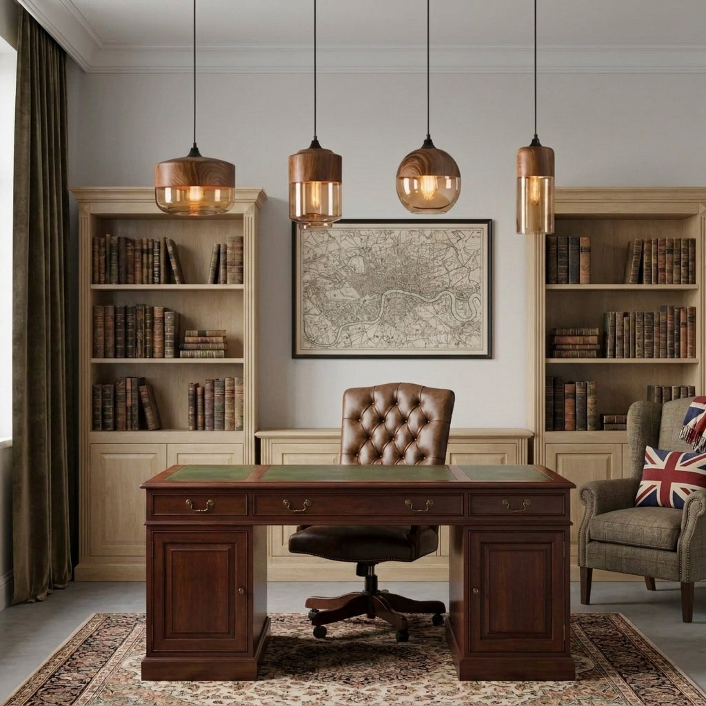 A classic home office scene featuring a dark wood writing desk with a green leather top, a tufted brown leather office chair, a patterned area rug, and a framed vintage map on the wall. The room is flanked by tall bookshelves, with four pendant lights hanging over the desk.