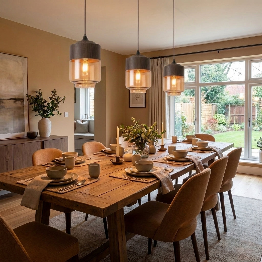 A rustic wooden dining table set with bowls, plates, and napkins, surrounded by brown upholstered chairs in a warm, modern dining room with three hanging pendant lights.
