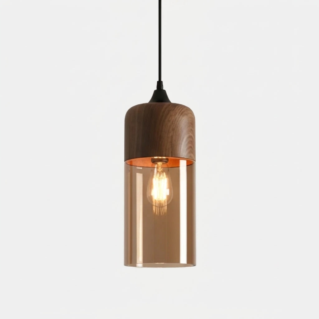 Jovli Type B pendant light with amber tinted glass, close-up studio shot