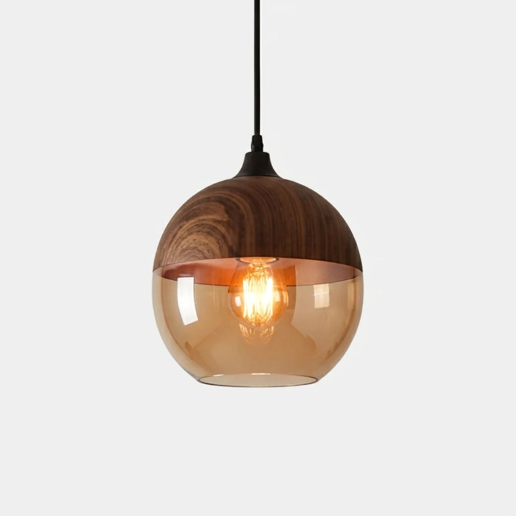Jovli Type A wood-grain drum pendant light with amber tinted glass, alternate studio angle