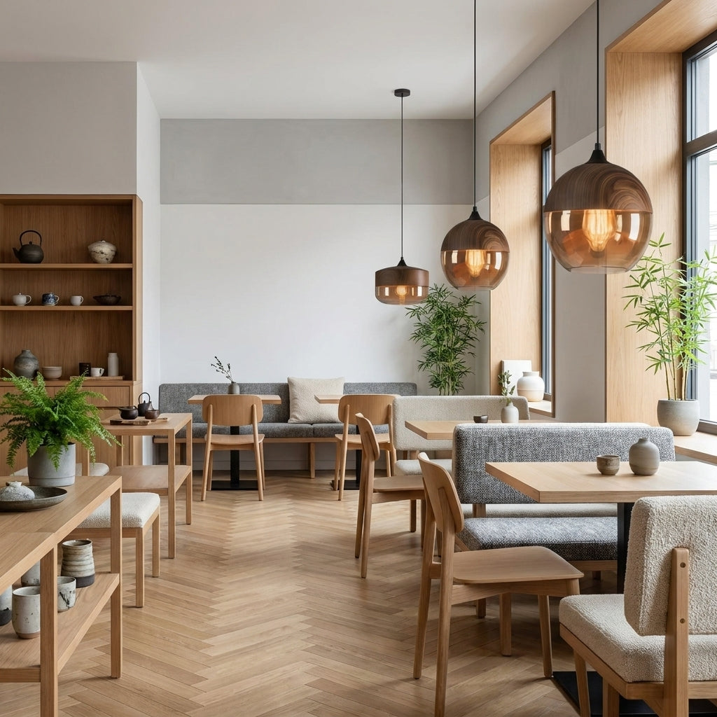 Jovli pendant lights with amber tinted glass lifestyle image modern British cafe
