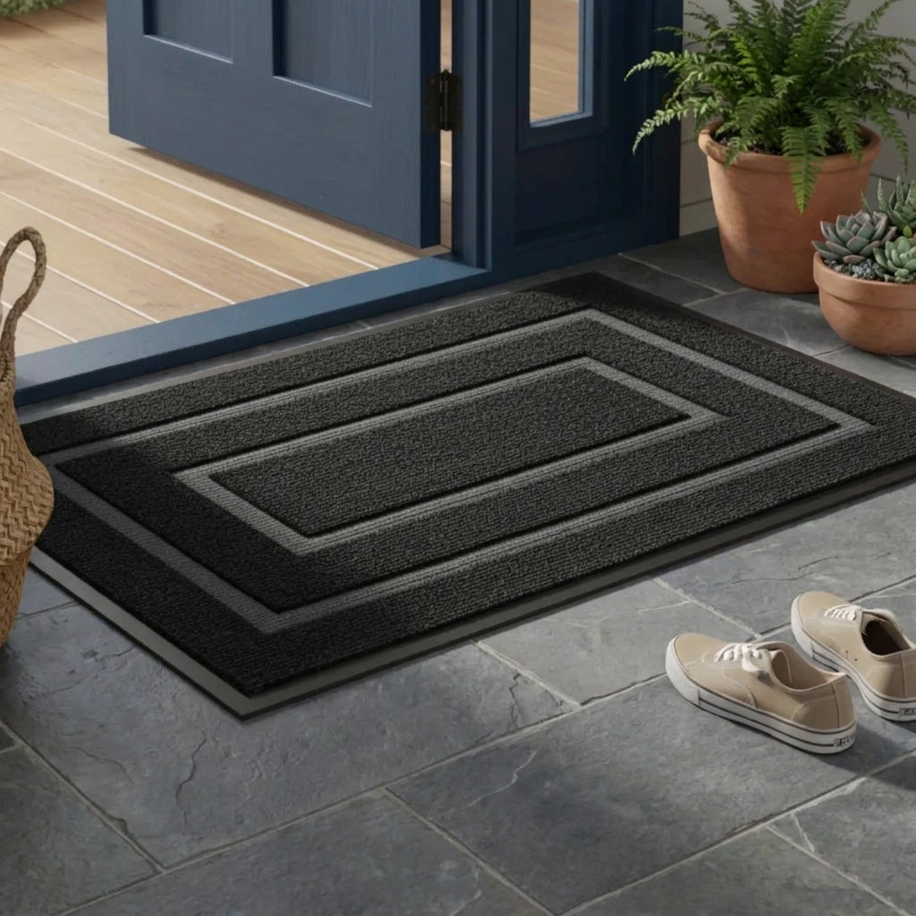 Kalzu black outdoor doormat outside glass double doors on a wood deck