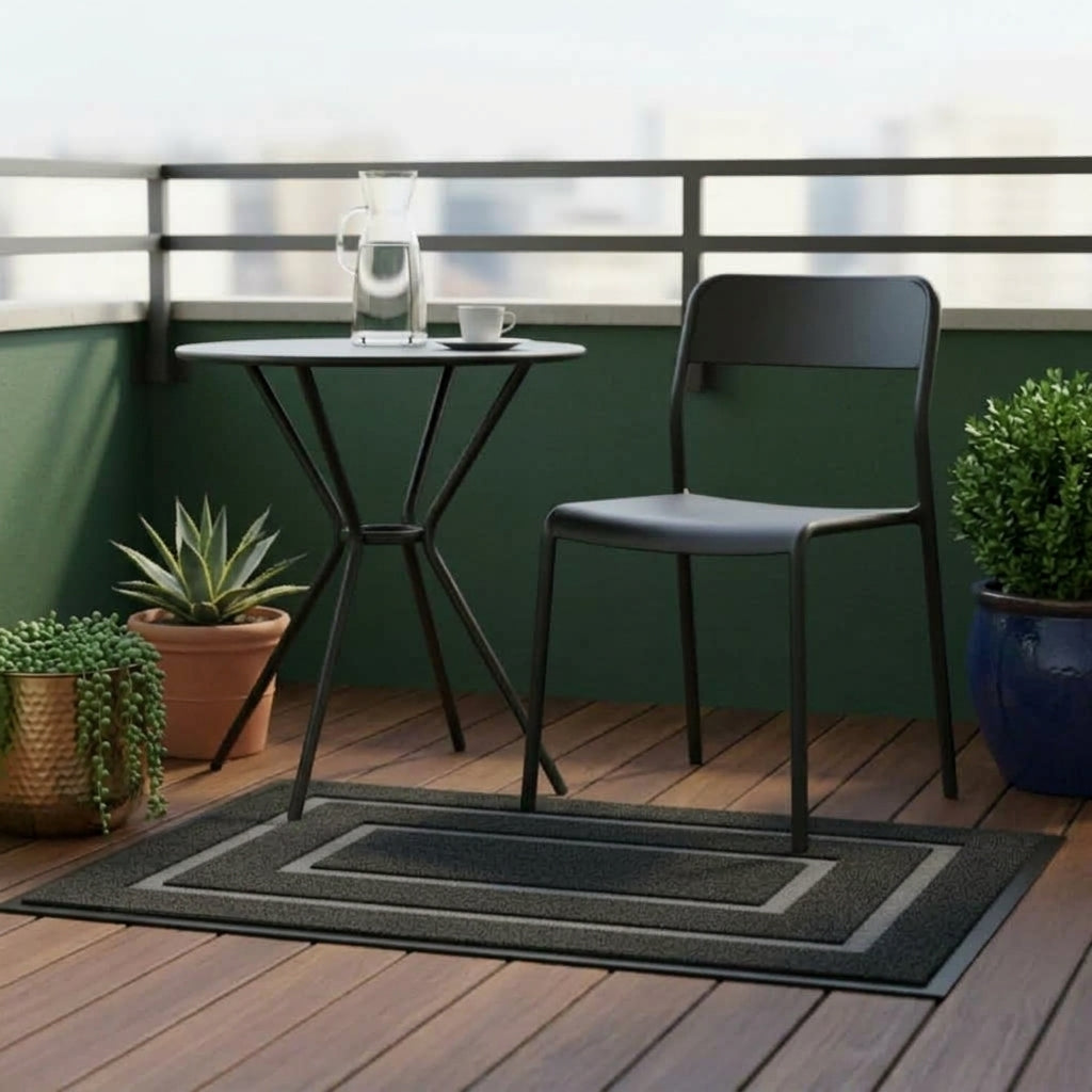 Kalzu black outdoor doormat on a balcony with a small table and chairs