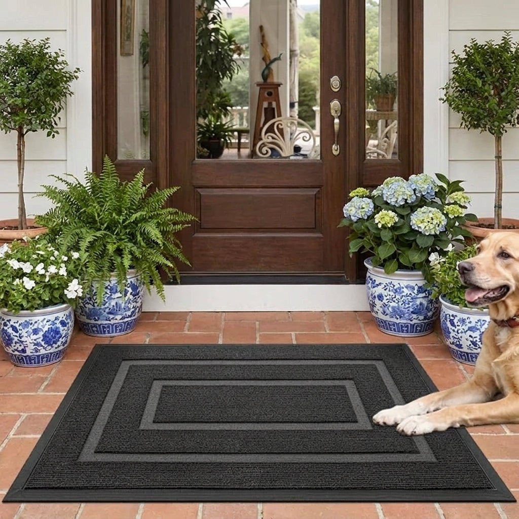 Kalzu black outdoor doormat at a front door with a dog and potted flowers