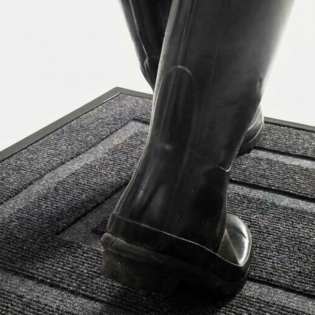 Person stepping onto the Kalzu black outdoor doormat wearing a rubber boot