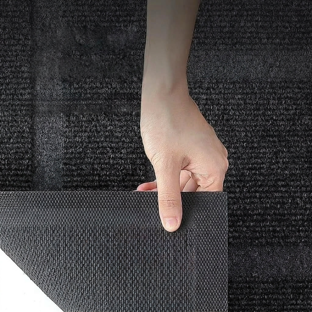 Hand lifting the edge of the Kalzu black outdoor doormat to show its non-slip backing