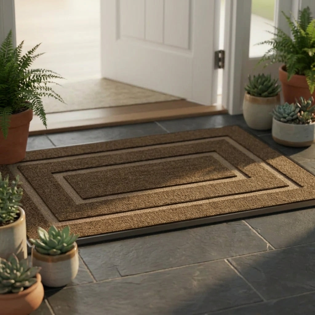 Kalzu brown non-slip outdoor doormat in front of a white door on tile flooring