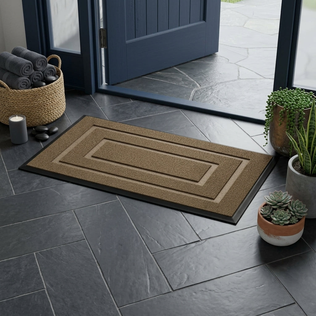 Kalzu brown outdoor doormat on a dark stone floor by an open blue door 