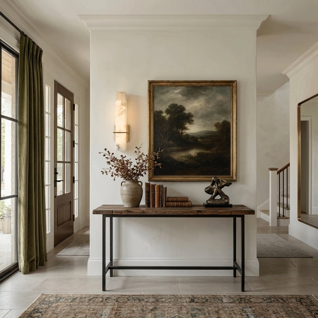 Kuvri wall lamp above a console table in an entryway