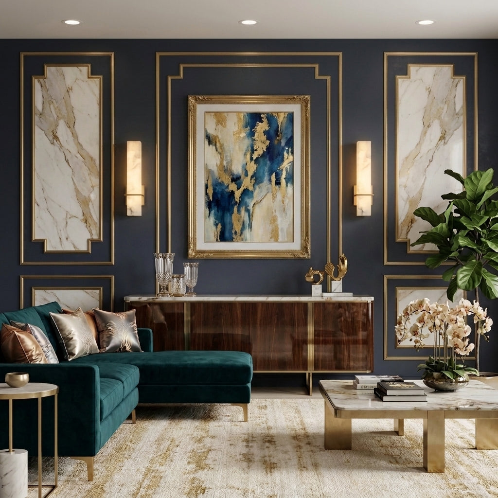 Kuvri wall lamps flanking artwork in a dark living room