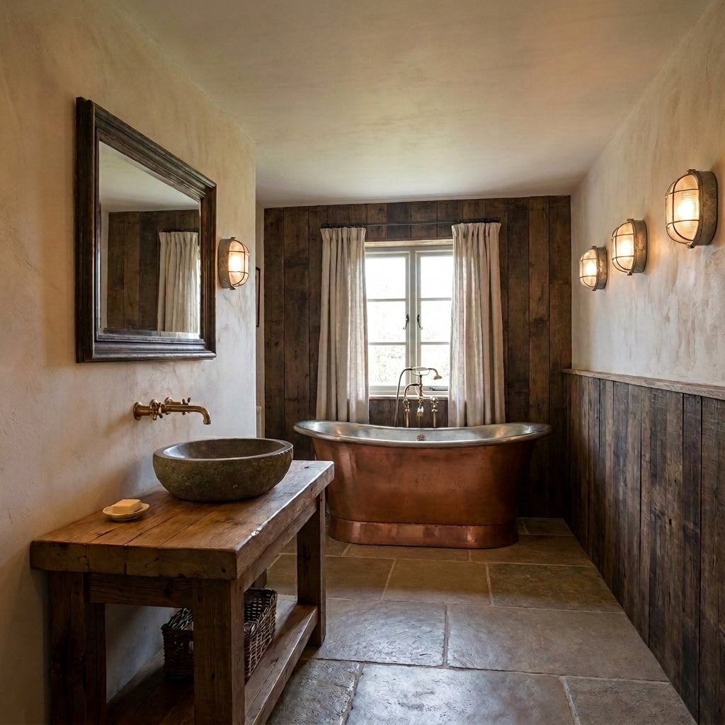 Kuxqa bulkhead wall light mounted above a wood vanity and mirror in a bathroom
