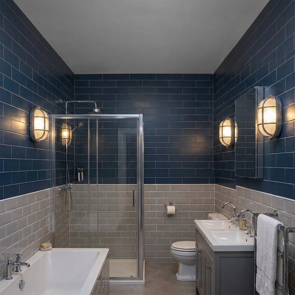 3 Kuxqa bulkhead wall lights mounted in a navy-tiled bathroom with a bath and shower