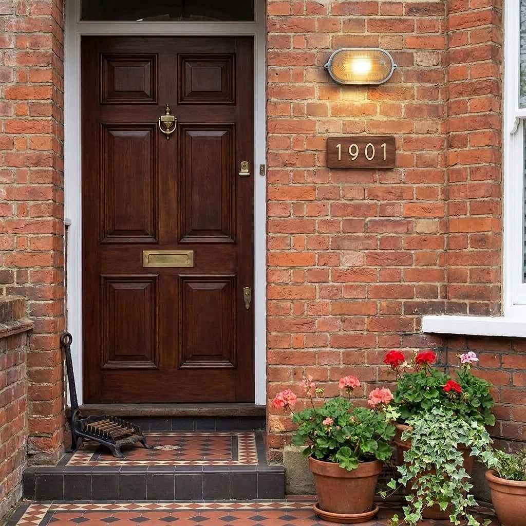 Kuxqa bulkhead wall light mounted beside a front door on a brick house exterior
