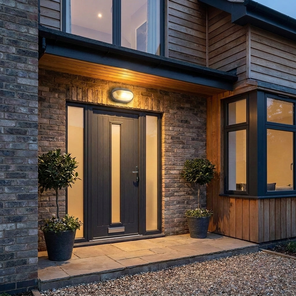 Kuxqa bulkhead wall light mounted above a front door and porch entrance
