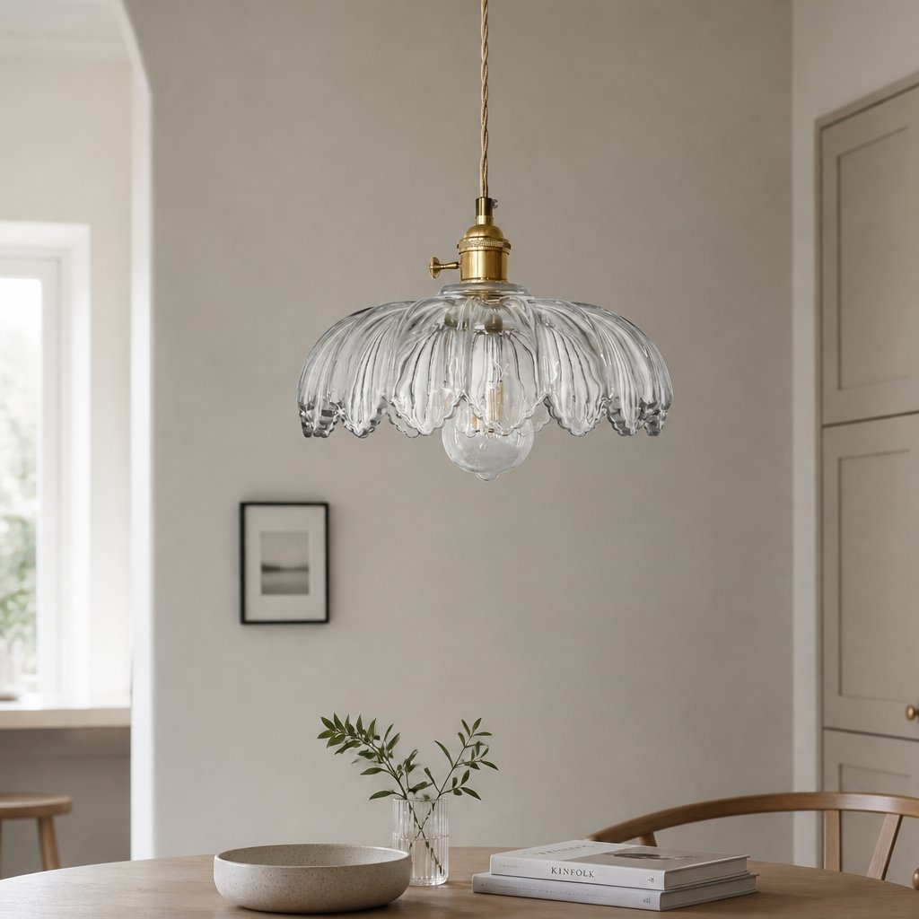 Kyler clear ribbed glass pendant light hanging above a dining table viewed through an archway