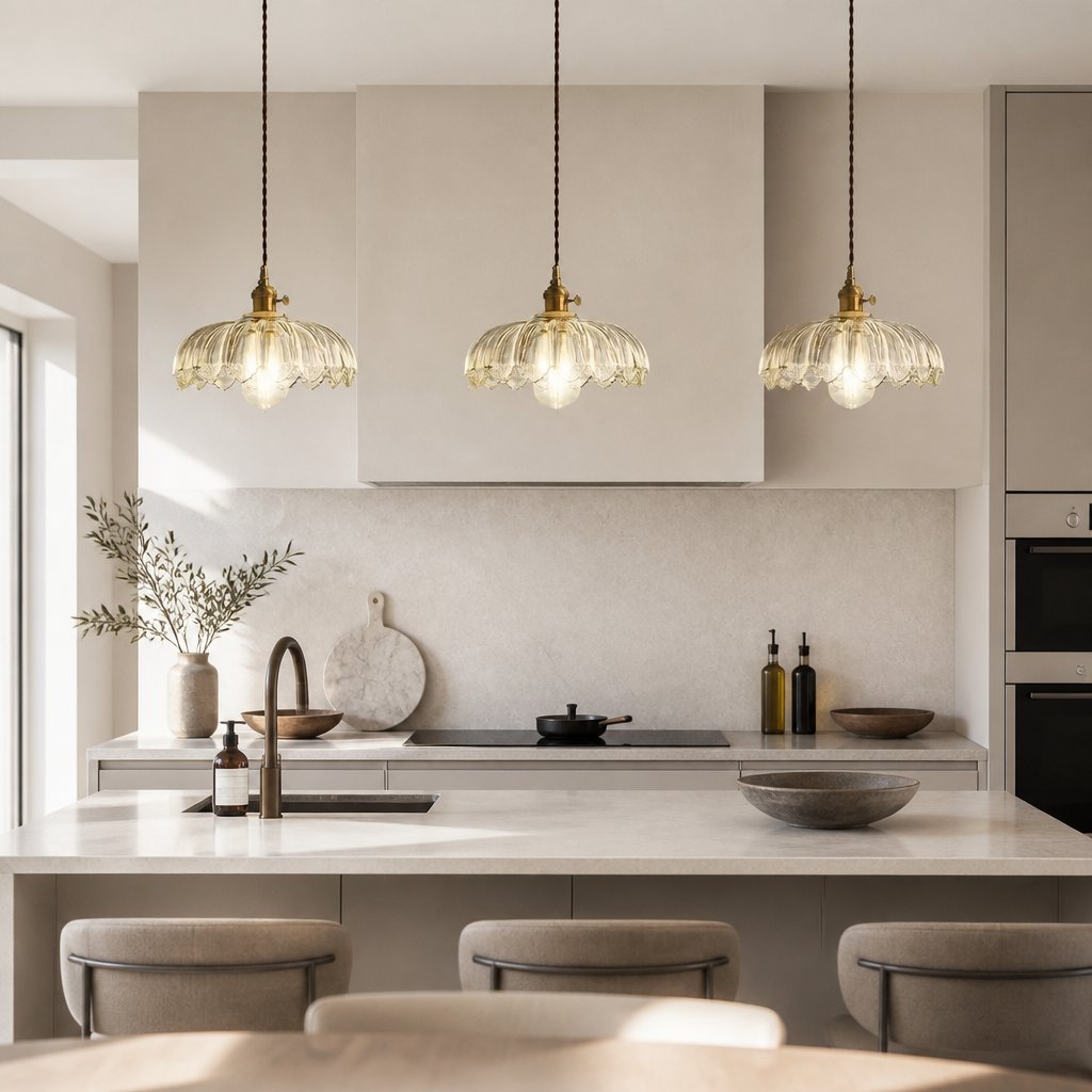 Three Kyler clear ribbed glass pendant lights hanging above a kitchen island with bar stools