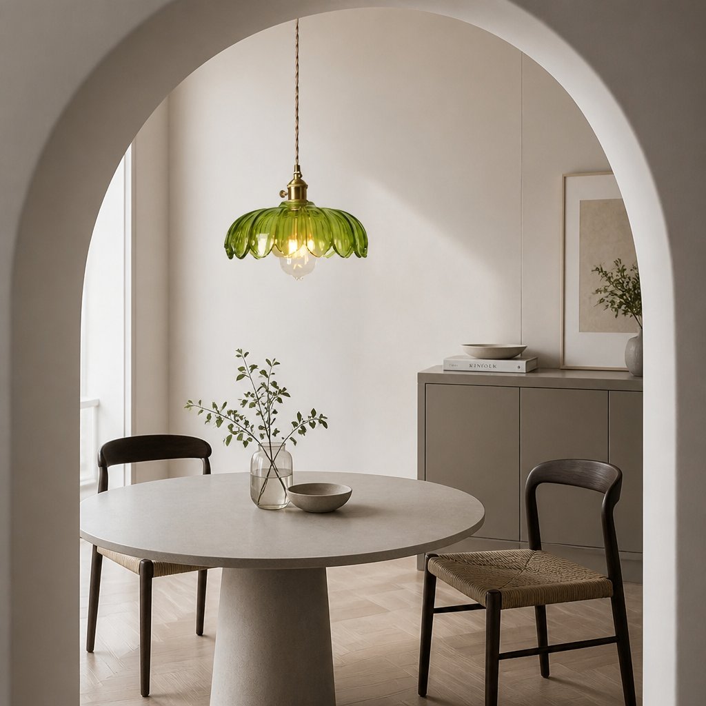 Kyler green ribbed glass pendant light hanging above a round dining table viewed through an archway