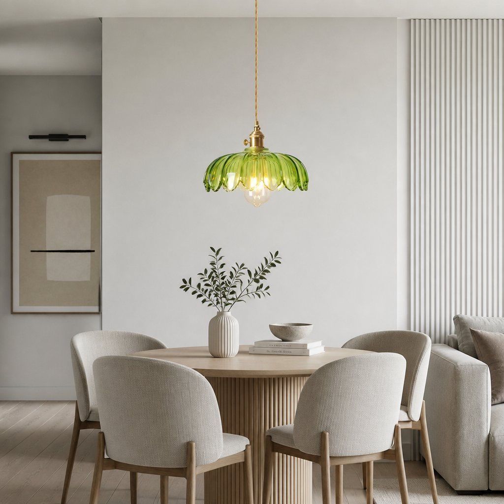Kyler green ribbed glass pendant light hanging above a round dining table with a wood panelled wall