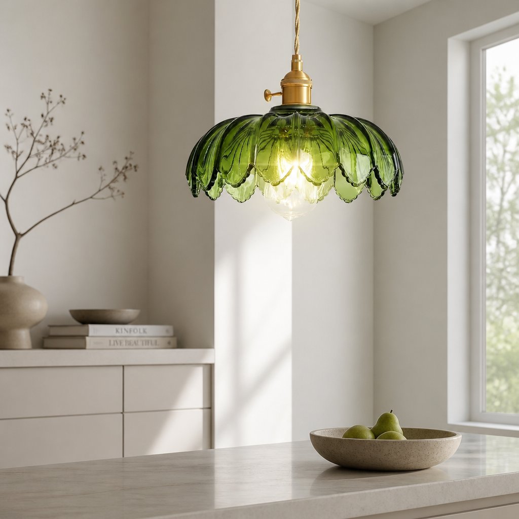 Kyler green ribbed glass pendant light hanging above a kitchen island countertop