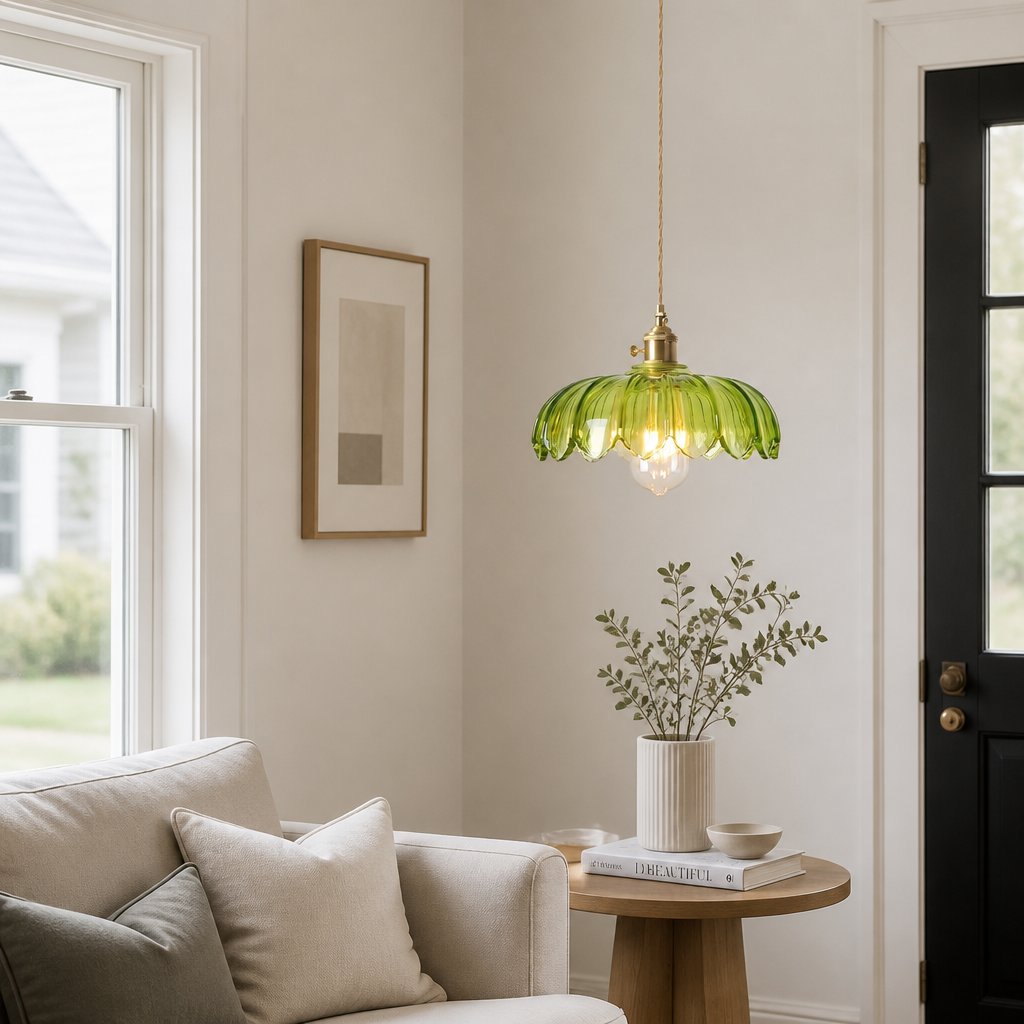 Kyler green ribbed glass pendant light hanging beside an armchair and side table in a living room