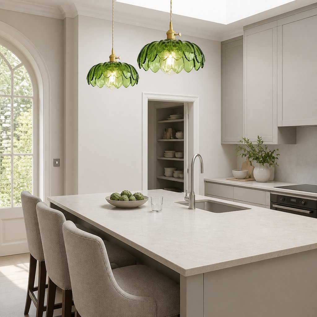 Two Kyler green ribbed glass pendant lights hanging over a kitchen island with brass fittings