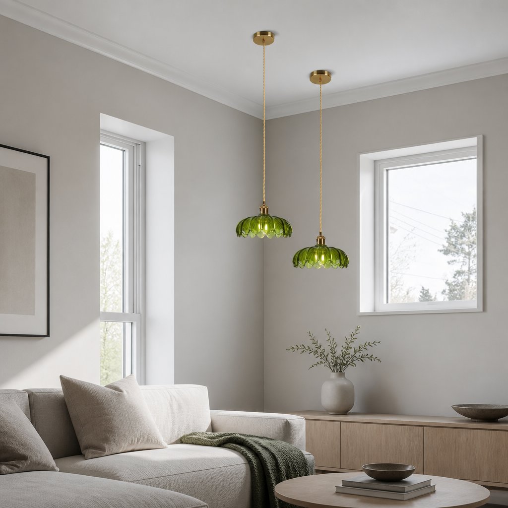 Two Kyler green ribbed glass pendant lights hanging at different heights in a living room