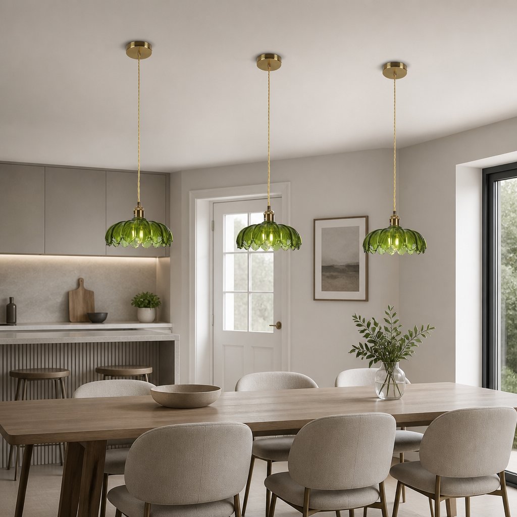 Three Kyler green ribbed glass pendant lights in a row above a long dining table