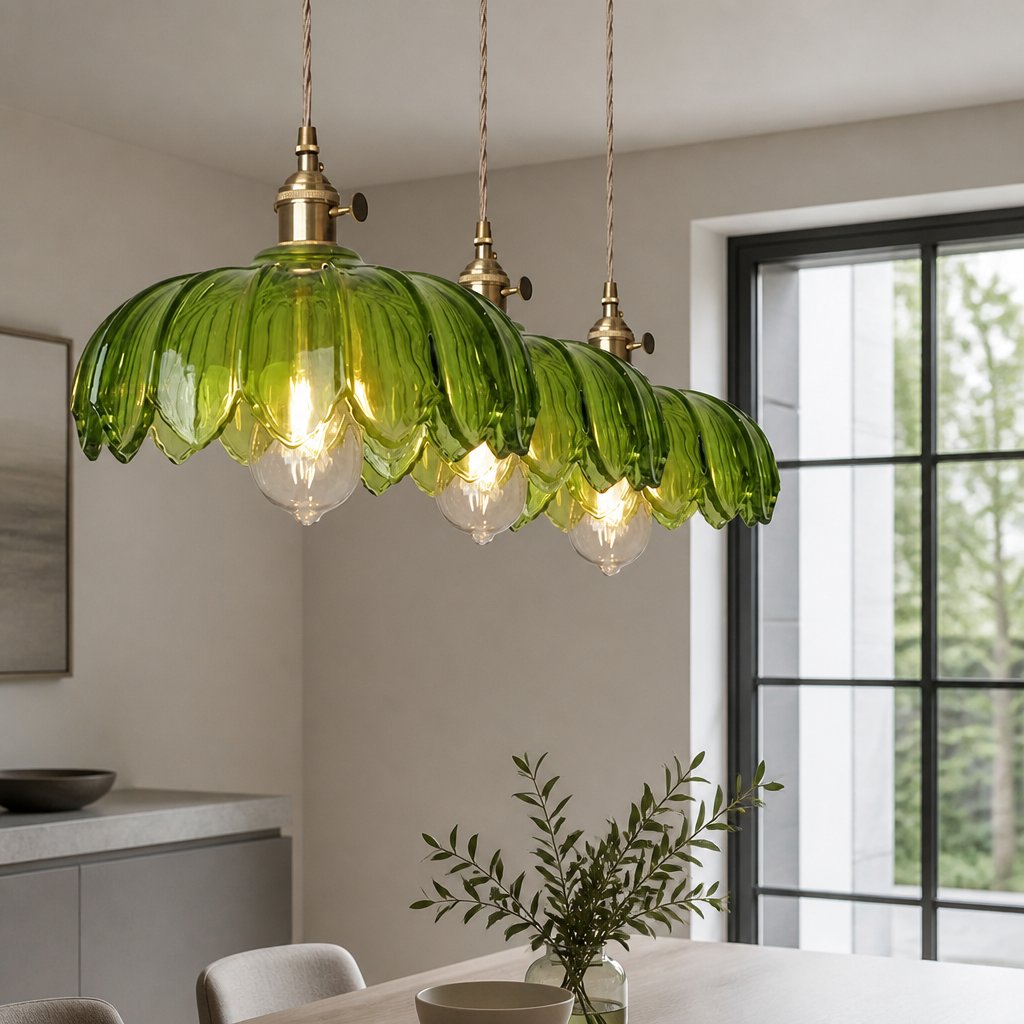 Three Kyler green ribbed glass flower pendant lights clustered above a dining table, lit from within