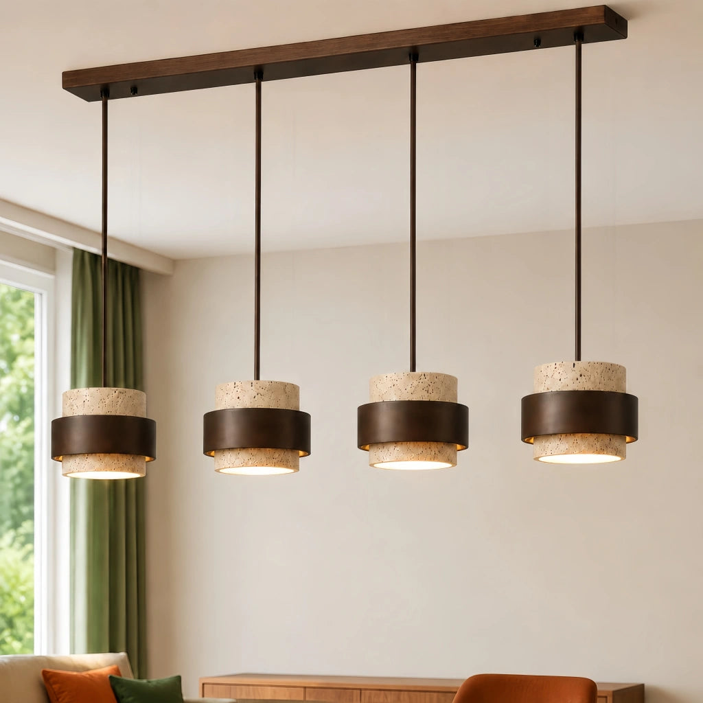 4-head dark wood kyra travertine pendant light suspended in a sunlit modern interior