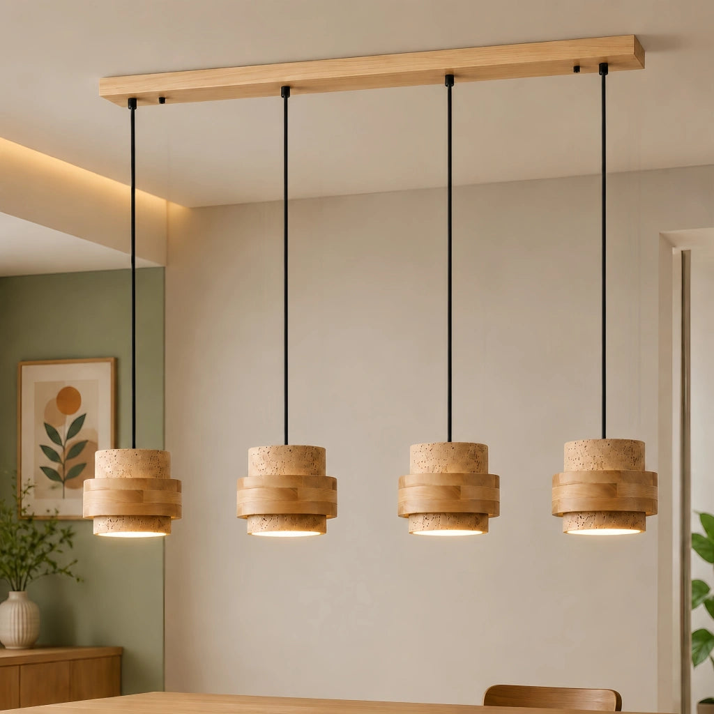 4-head natural wood kyra linear pendant light in a bright contemporary living space