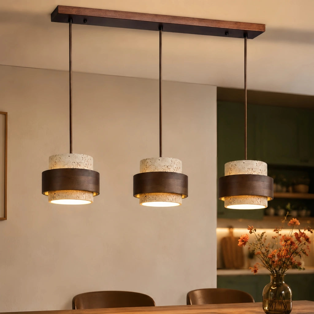 3-head dark wood and travertine dining room kyra pendant light