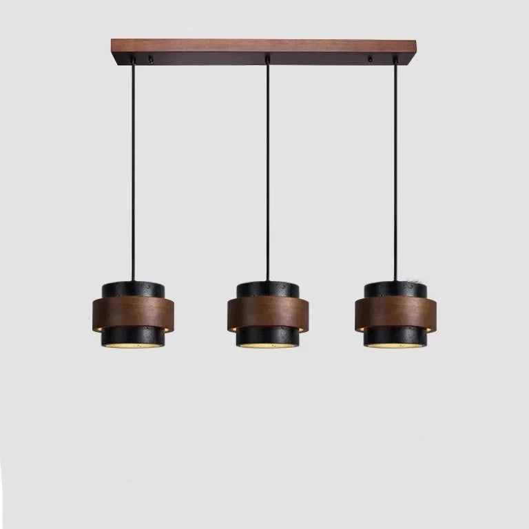 3-head linear dark wood and travertine kyra pendant