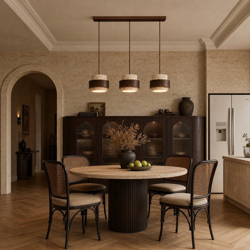 3-head linear travertine kyra chandelier illuminating a rustic wabi-sabi dining room
