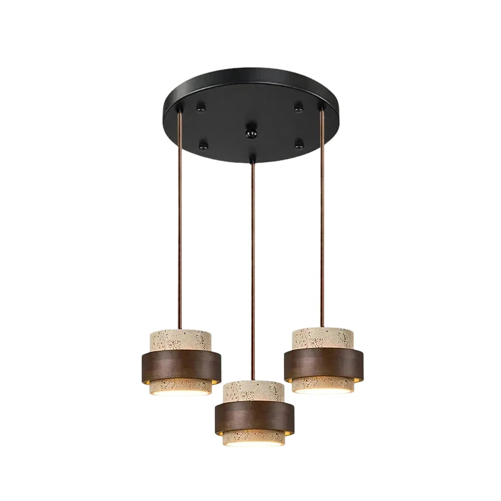 3-head round kyra cluster travertine pendant light with dark wood accents isolated on white