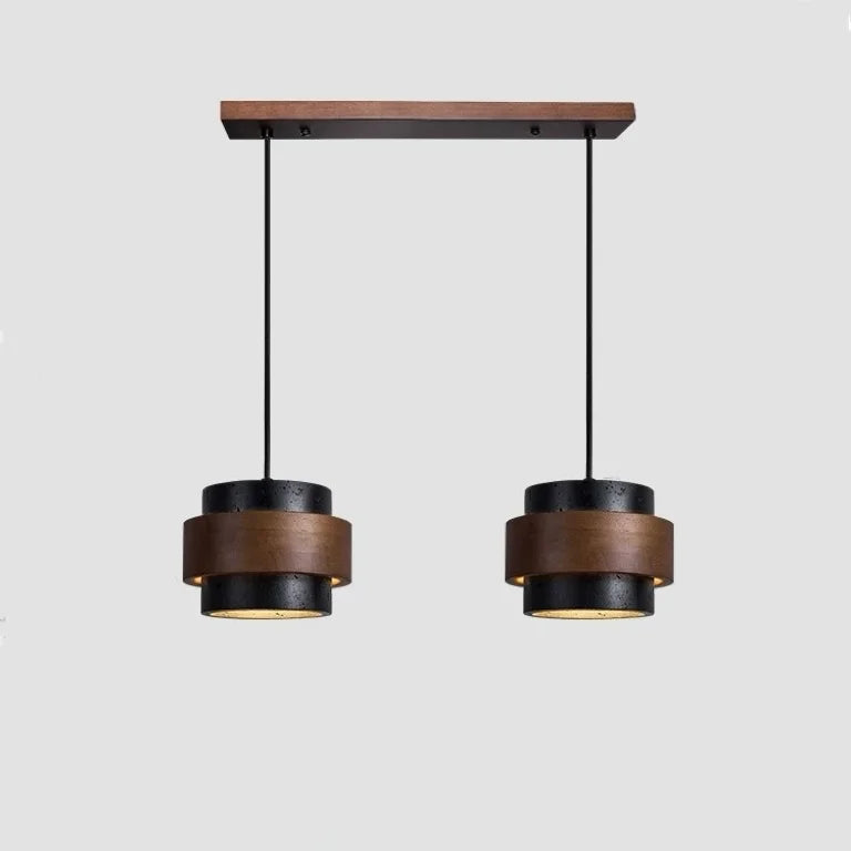 2-head kyra linear dark wood and travertine pendant lamp isolated on a light background