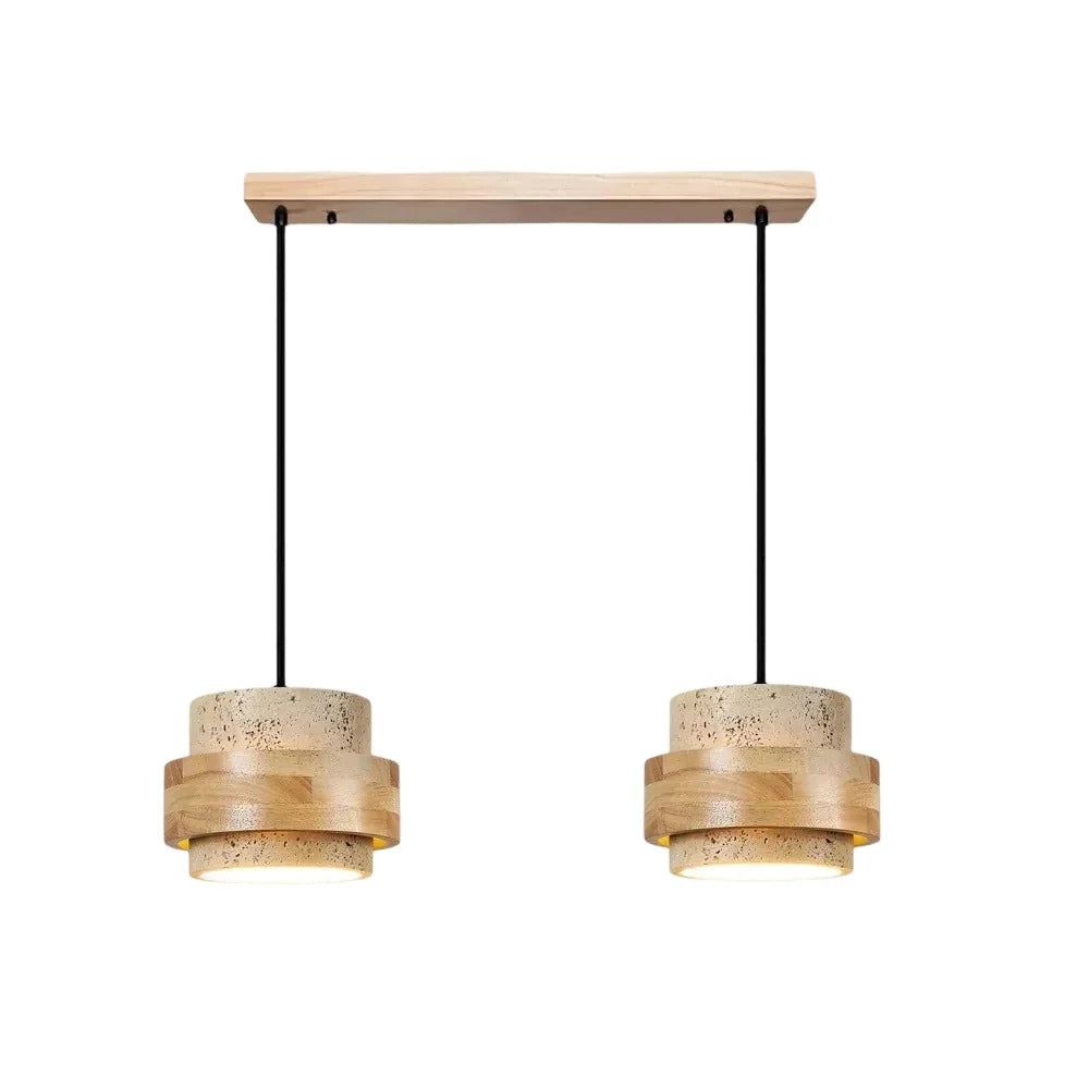 2-head natural wood and travertine stone kyra pendant isolated
