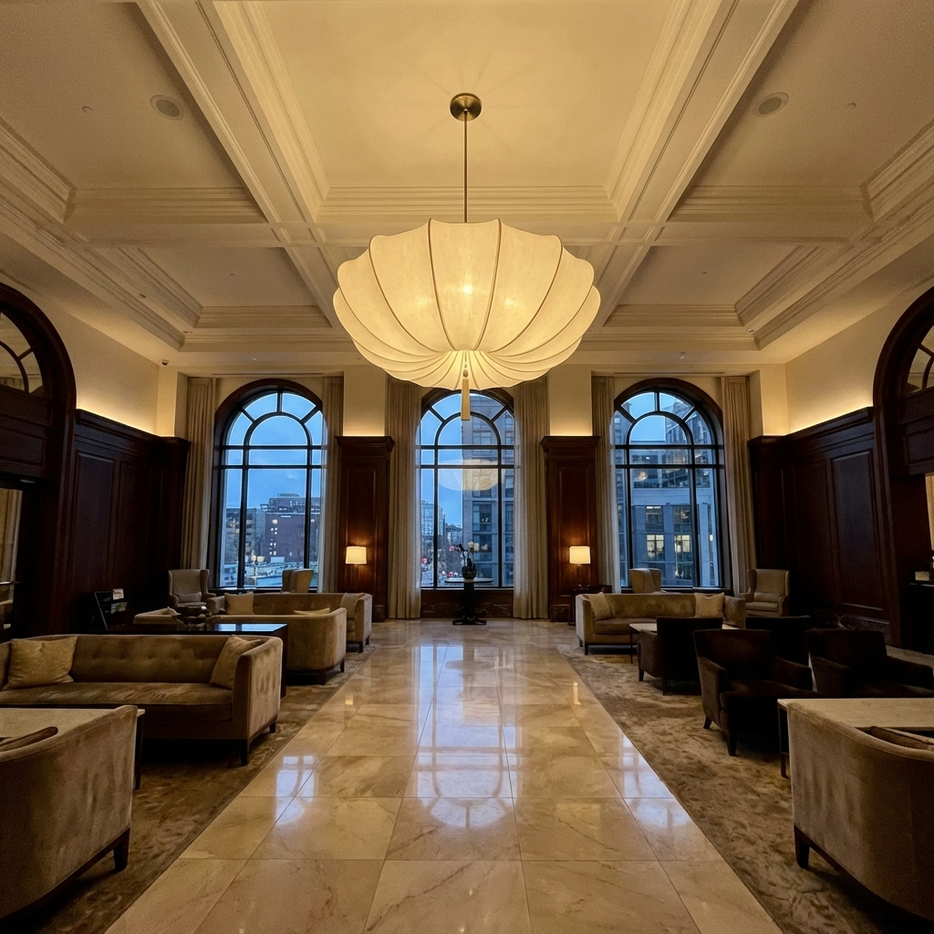 Large Wabi-Sabi fabric chandelier providing elegant ambient lighting in a luxurious hotel lobby