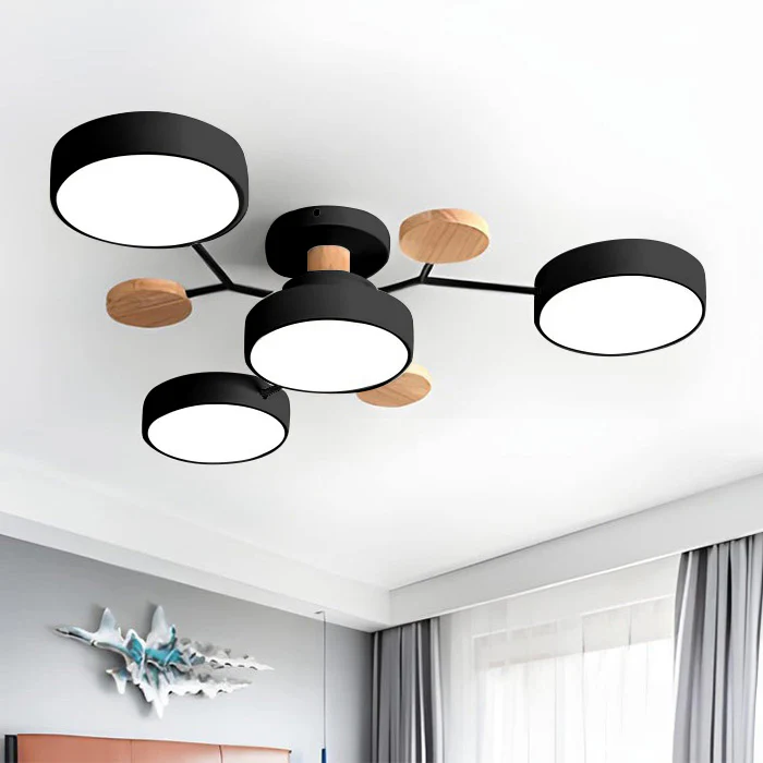 Isolated view of the lasve black 4-light wood and metal LED semi-flush mount ceiling fixture.