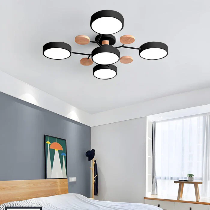 Black lasve 5-light geometric wood and metal chandelier styling a minimalist bedroom setting