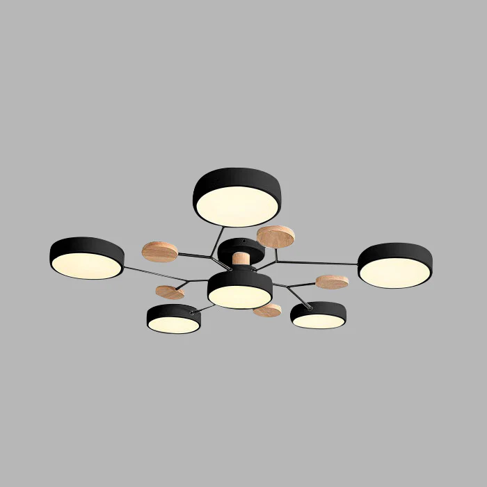 Isolated view of the black lasve 6-light ceiling lamp highlighting the warm wooden accent discs