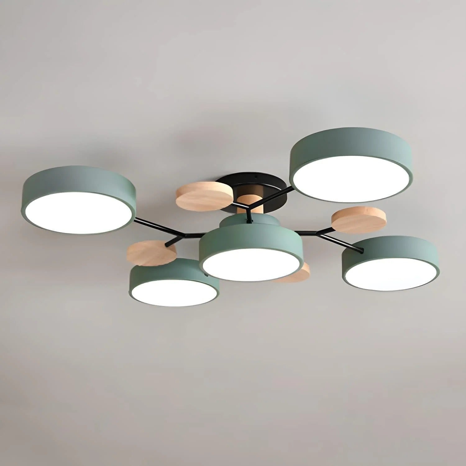 Isolated view of the stylish lasve green 5-light multi-arm LED chandelier with flat light panels