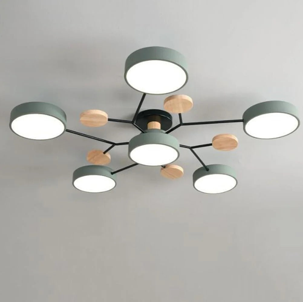 Green 6-light Nordic lasve ceiling lamp providing elegant, sprawling illumination in a living space