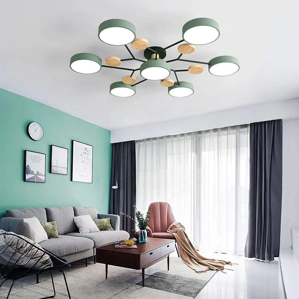 Vibrant lasve green 7-light modern LED chandelier adding a pop of colour to a stylish lounge