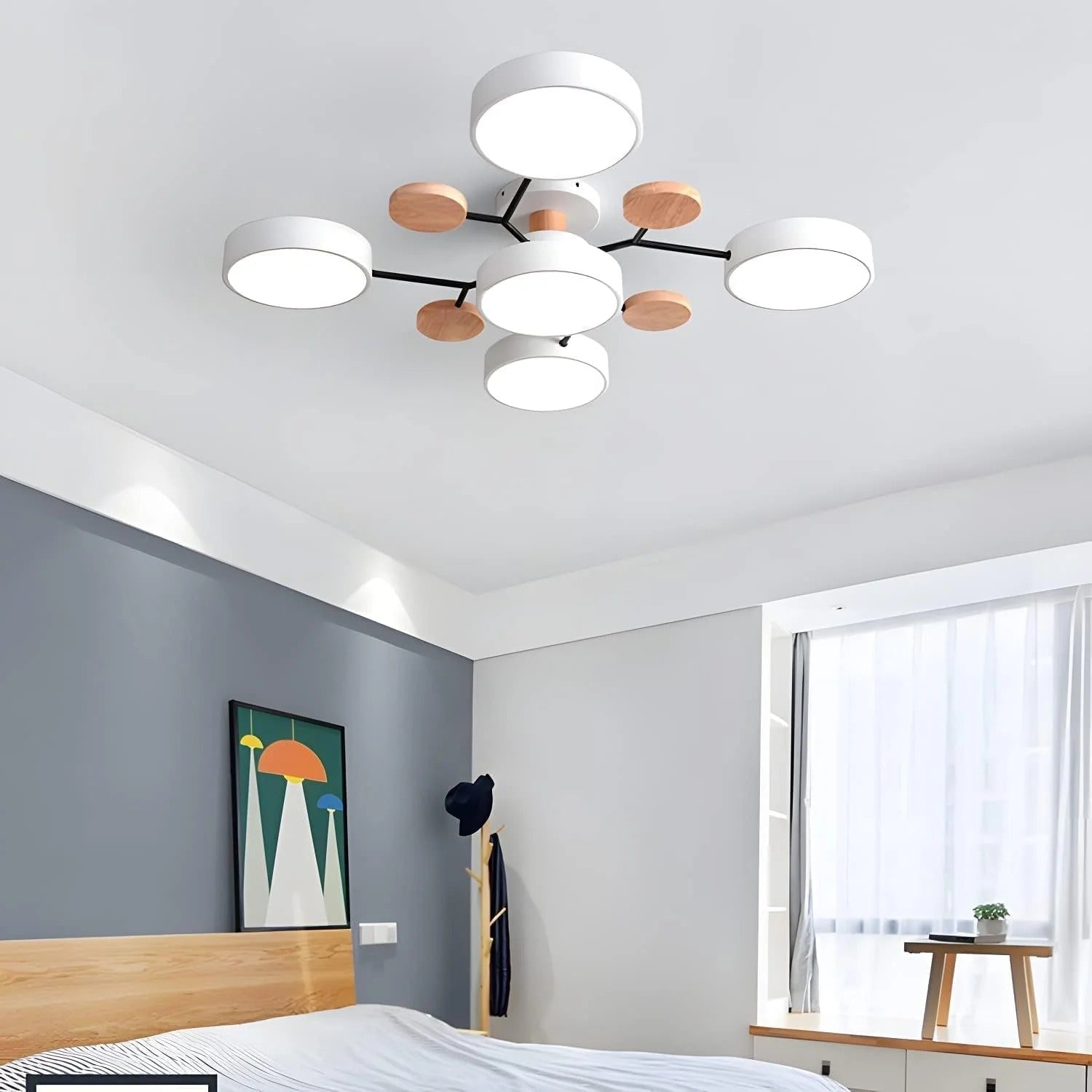 White lasve 5-light geometric wood fixture mounted perfectly flush in a modern minimalist bedroom.