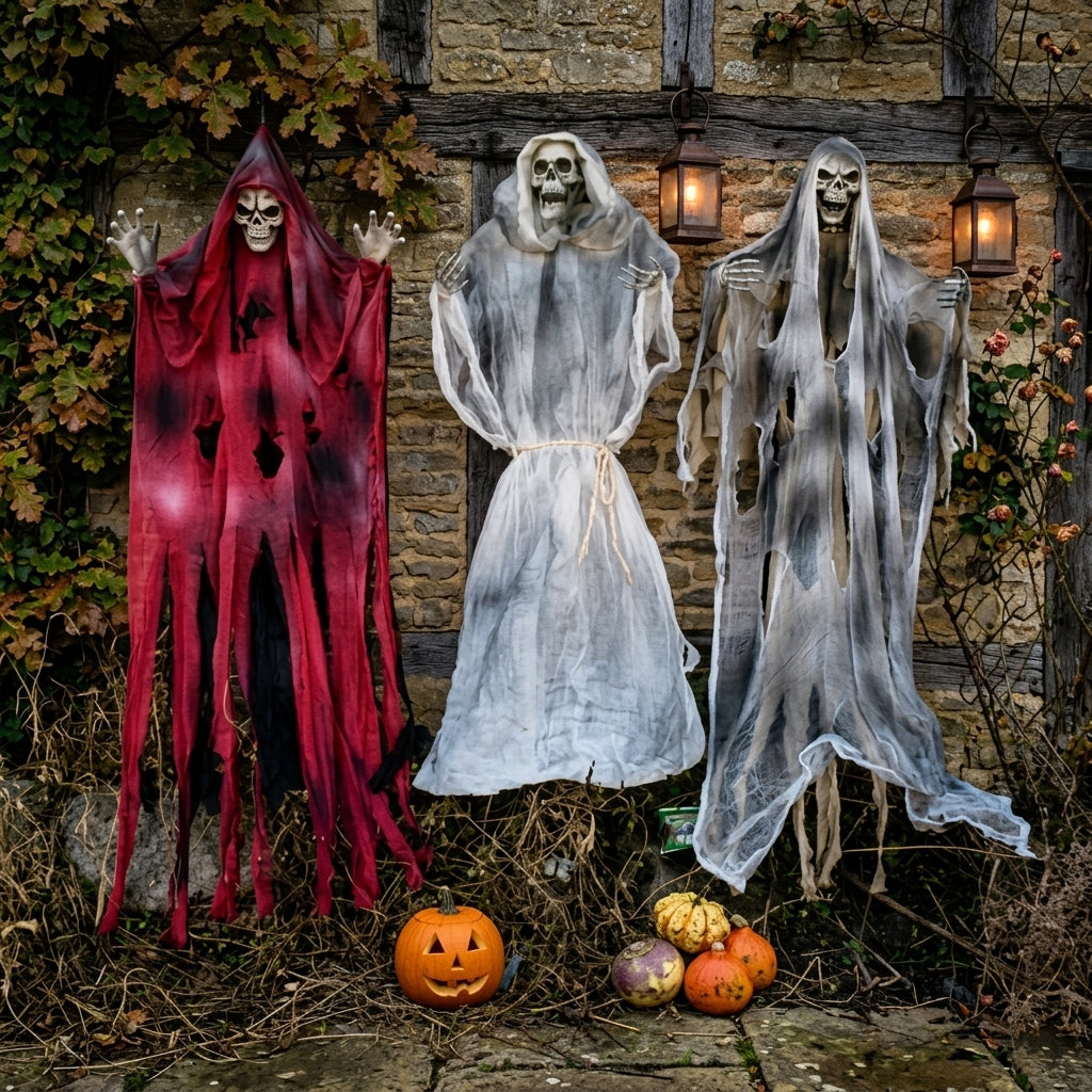 Lawnloiter Red, White and Grey Reaper props displayed together against a Tudor-style timber wall with pumpkins